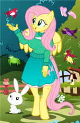 Size: 792x1224 | Tagged: safe, artist:flash equestria photography, angel bunny, fluttershy, bird, butterfly, pegasus, anthro, unguligrade anthro, g4, big breasts, breasts, busty fluttershy, clothes, cutie mark on clothes, female, fluttershy's cottage, open-chest sweater, show accurate, skirt, sweater