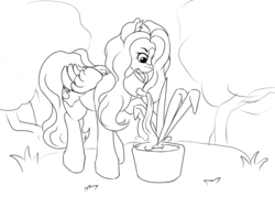 Size: 1340x960 | Tagged: safe, artist:kittytitikitty, oc, pegasus, pony, female, mare, monochrome, mouth hold, plant pot, solo, watering, watering can