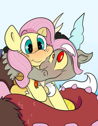 Size: 1000x1280 | Tagged: safe, artist:amare-fide, discord, fluttershy, draconequus, pegasus, pony, g4, cute, discute, female, looking at each other, male, mare, ship:discoshy, shipping, shyabetes, simple background, smiling, snuggling, straight, white background