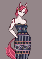 Size: 2032x2848 | Tagged: safe, artist:askbubblelee, oc, oc only, oc:impala lily, hybrid, unicorn, zebra, zebracorn, zony, anthro, unguligrade anthro, anthro oc, clothes, colored sketch, ear piercing, earring, female, high res, jewelry, jumpsuit, leonine tail, mare, off shoulder, piercing, simple background, solo, unmoving plaid