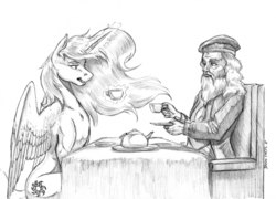 Size: 1400x1009 | Tagged: safe, artist:baron engel, princess celestia, alicorn, human, pony, g4, albus dumbledore, clothes, crossover, duo, female, grayscale, hat, magic, male, mare, monochrome, pencil drawing, simple background, sketch, telekinesis, traditional art, white background, wizard