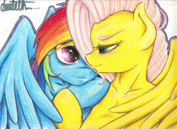 Size: 4677x3402 | Tagged: safe, artist:dantethehuman, fluttershy, rainbow dash, pegasus, pony, g4, blushing, bust, colored pencil drawing, female, lesbian, looking at each other, mare, ship:flutterdash, shipping, smiling, snuggling, traditional art, wings