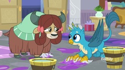 Size: 1920x1080 | Tagged: safe, screencap, gallus, yona, griffon, yak, g4, the hearth's warming club, bucket, cloven hooves, discovery family logo, female, male, slime