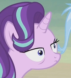 Size: 407x450 | Tagged: safe, screencap, starlight glimmer, trixie, pony, unicorn, g4, road to friendship, bags under eyes, eye wrinkles, faic, female, image macro, mare, solo focus, wait what, what the fuck man