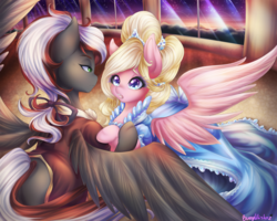 Size: 5000x4000 | Tagged: safe, artist:bunnywhiskerz, oc, oc only, oc:bay breeze, oc:mahx, pegasus, pony, bahx, ballroom, bow, clothes, dancing, dress, female, hair bow, i know those eyes, male, mare, spread wings, stallion, the count of monte cristo, wings