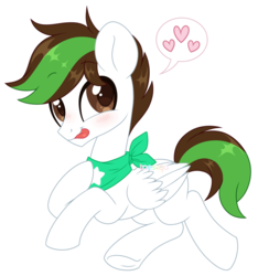 Size: 1024x1093 | Tagged: safe, artist:hawthornss, oc, oc only, oc:kibbie, pegasus, pony, blushing, cute, frog (hoof), heart, looking at you, male, neckerchief, prone, simple background, smiling, solo, tongue out, transparent background, underhoof