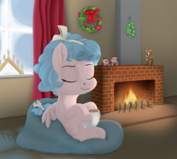 Size: 1904x1713 | Tagged: safe, artist:foal, cozy glow, g4, beanbag chair, christmas, eyes closed, female, filly, fireplace, holiday