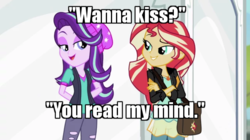 Size: 640x359 | Tagged: safe, edit, edited screencap, screencap, starlight glimmer, sunset shimmer, equestria girls, equestria girls specials, g4, my little pony equestria girls: mirror magic, bag, beanie, bedroom eyes, clothes, duo, female, grin, hat, image macro, jacket, leather jacket, lesbian, lidded eyes, meme, pants, playful, raised eyebrow, ripped pants, ship:shimmerglimmer, shipping, shirt, smiling, text, vest