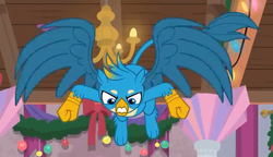 Size: 729x421 | Tagged: safe, screencap, gallus, griffon, g4, the hearth's warming club, angry, cropped, flying, gritted teeth, male, paws, wings