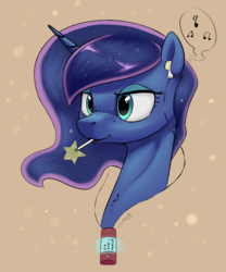 Size: 2500x3000 | Tagged: safe, artist:silverhopexiii, princess luna, pony, g4, chest fluff, earbuds, female, freckles, high res, mare, music notes, solo