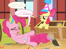 Size: 8000x6000 | Tagged: safe, alternate version, artist:ithinkitsdivine, apple bloom, pinkie pie, earth pony, pony, g4, absurd resolution, barn, bladder gauge, blushing, confetti, covering crotch, crossed legs, desperation, dialogue, duo, duo female, female, hat, hay, icing bag, mare, need to pee, need to poop, omorashi, party hat, potty dance, potty emergency, potty time, show accurate, squirming, sweat, sweet apple acres