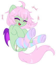 Size: 1024x1193 | Tagged: safe, artist:hawthornss, oc, oc only, oc:spectral wind, bat pony, pony, bat pony oc, clothes, cute, cute little fangs, eyes closed, fangs, frog (hoof), laughing, simple background, smiling, socks, solo, striped socks, transparent background, underhoof