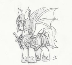 Size: 1618x1460 | Tagged: safe, artist:sensko, bat pony, pony, armor, female, grayscale, helmet, mare, monochrome, night guard, pencil drawing, smiling, solo, spread wings, traditional art, wings