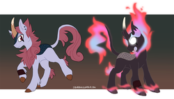 Size: 1227x700 | Tagged: safe, artist:sburbox, demon, kirin, nirik, pony, cloven hooves, crossover, ear piercing, earring, fire, fire magic, glowing eyes, jewelry, mane of fire, piercing, ponified, solo, star vs the forces of evil, tom lucitor