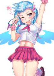 Size: 800x1120 | Tagged: safe, artist:tzc, silverstream, human, g4, season 8, belly button, blushing, breasts, clothes, female, humanized, jumping, looking at you, midriff, miniskirt, one eye closed, pleated skirt, reasonably sized breasts, school uniform, skirt, solo, stupid sexy silverstream, thighs, upskirt denied