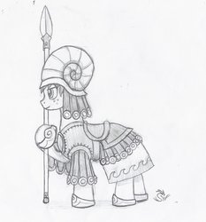 Size: 1834x1966 | Tagged: safe, artist:sensko, pony, armor, grayscale, helmet, marine, monochrome, pencil drawing, solo, spear, traditional art, weapon
