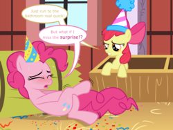 Size: 8000x6000 | Tagged: source needed, safe, alternate version, artist:ithinkitsdivine, apple bloom, pinkie pie, earth pony, pony, g4, absurd resolution, barn, blushing, confetti, covering crotch, crossed legs, desperation, dialogue, duo, duo female, female, hat, hay, holding, hooves between legs, mare, need to pee, omorashi, party hat, potty dance, potty emergency, potty time, show accurate, squirming, sweat, sweet apple acres