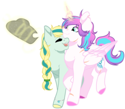 Size: 2128x1852 | Tagged: safe, artist:cornerverse, princess flurry heart, oc, oc:lullaby, alicorn, earth pony, pony, g4, base used, canon x oc, colored hooves, female, lesbian, magical lesbian spawn, offspring, offspring shipping, older, older flurry heart, parent:applejack, parent:coloratura, parents:rarajack, scar, shipping, simple background, torn ear, transparent background