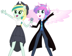 Size: 2884x2274 | Tagged: safe, artist:cornerverse, princess flurry heart, oc, oc:lullaby, human, equestria girls, g4, badass, badass longcoat, base used, braid, canon x oc, clothes, cowboy hat, cute, cutie mark on clothes, dress, equestria girls-ified, female, hat, high res, horn, horned humanization, humanized, lesbian, like mother like daughter, like parent like child, longcoat, magical lesbian spawn, mantle, microphone, offspring, offspring shipping, older, older flurry heart, pants, parent:applejack, parent:coloratura, parents:rarajack, ponied up, pony ears, scar, shipping, shirt, simple background, singing, spread wings, torn ear, transparent background, wings