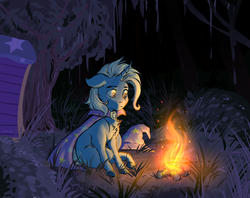 Size: 2400x1900 | Tagged: safe, artist:shimazun, trixie, pony, unicorn, g4, road to friendship, campfire, cape, chest fluff, clothes, curved horn, female, fire, floppy ears, hat, horn, log, mare, night, realistic horse legs, sitting, solo, trixie's cape, trixie's hat