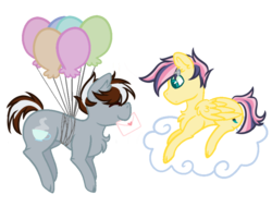 Size: 896x680 | Tagged: safe, artist:cornerverse, oc, oc only, oc:painted sky, oc:teaspoon, earth pony, pegasus, pony, balloon, base used, cloud, floating, gay, letter, male, mouth hold, oc x oc, offspring, offspring shipping, parent:comet tail, parent:fluttershy, parent:silver spoon, parents:cometshy, shipping, simple background, transparent background