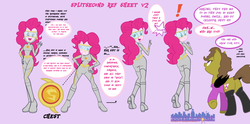 Size: 2666x1318 | Tagged: safe, artist:succubi samus, pinkie pie, oc, oc:moon pearl, bat pony, equestria girls, g4, annoyed, ass, balloonbutt, bat pony oc, butt, comments locked down, duckery in the comments, equestrian city, exclamation point, fourth wall destruction, goggles, interrupted, link in description, plot, reference sheet, speedster, superhero, text bubbles, tight clothing