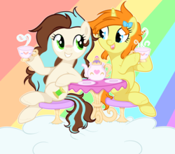 Size: 4068x3582 | Tagged: safe, artist:cornerverse, pumpkin cake, oc, oc:party dress, earth pony, pony, g4, base used, canon x oc, cloud, cup, female, hoof hold, lesbian, offspring, offspring shipping, on a cloud, parent:cheese sandwich, parent:coco pommel, parents:cheesecoco, rainbow background, shipping, tea kettle, tea party, teacup, teapot