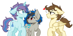 Size: 3024x1529 | Tagged: safe, artist:cornerverse, pound cake, oc, oc:electric violin, oc:party planner, pegasus, pony, unicorn, g4, base used, canon x oc, gay, heart, magical lesbian spawn, male, offspring, offspring shipping, parent:octavia melody, parent:party favor, parent:pinkie pie, parent:vinyl scratch, parents:partypie, parents:scratchtavia, shipping, simple background, transparent background, wavy mouth