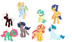 Size: 2228x1286 | Tagged: safe, artist:cornerverse, brawly beats, flash sentry, sunset shimmer, thunderbass, oc, oc:honeycomb, oc:iridescent blade, oc:little burst, oc:valor knight, earth pony, pegasus, pony, unicorn, g4, base used, female, male, phantom wings, simple background, transparent background