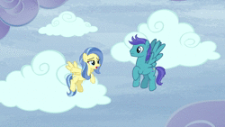 Size: 1920x1080 | Tagged: safe, screencap, clear skies, fluffy clouds, open skies, rainbow dash, sunshower, pegasus, pony, g4, tanks for the memories, abbott and costello, animated, cloud, female, flying, funny, joke, male, mare, sound, stallion, webm, who's on first?