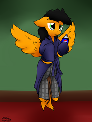 Size: 1190x1570 | Tagged: safe, artist:the-furry-railfan, oc, oc only, oc:twintails, bed mane, clothes, drink, flying, lazy, morning, pajamas, pepsi, robe, soda, spread wings, wings