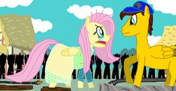 Size: 3648x1890 | Tagged: safe, artist:sb1991, fluttershy, oc, oc:film reel, pegasus, pony, g4, angry, clothes, crowd, crying, dress, fanfic art, hat, link in description, ponyville, story art