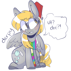 Size: 875x877 | Tagged: safe, artist:arloueu, derpy hooves, pegasus, pony, g4, blushing, clothes, cutie mark, dialogue, exclamation point, female, fez, hat, interrobang, looking sideways, mare, question mark, scarf, simple background, sitting, solo, speech bubble, spread wings, underp, watermark, white background, wings