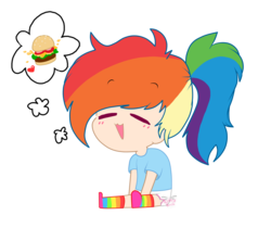 Size: 3415x2871 | Tagged: safe, artist:kittyrosie, rainbow dash, equestria girls, g4, burger, clothes, cute, dashabetes, eyes closed, female, food, high res, human coloration, open mouth, rainbow socks, simple background, socks, solo, striped socks, thought bubble, transparent background