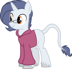 Size: 2902x2768 | Tagged: safe, artist:duskthebatpack, oc, oc only, oc:yodi, classical unicorn, pony, unicorn, blank flank, clothes, cloven hooves, glasses, high res, hoodie, horn, leonine tail, male, simple background, smiling, solo, stallion, standing, transparent background, unshorn fetlocks, vector