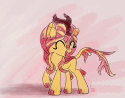 Size: 1600x1255 | Tagged: safe, artist:azimuth, sunset shimmer, kirin, g4, sounds of silence, alternate universe, eyes closed, female, kirin sunset, kirin-ified, pink, smiling, solo, species swap