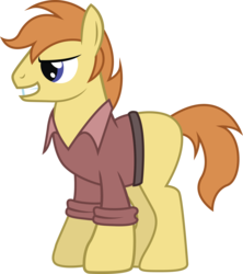 Size: 2301x2588 | Tagged: safe, artist:duskthebatpack, oc, oc only, oc:tire iron, earth pony, pony, clothes, grin, high res, male, shirt, simple background, smiling, solo, stallion, standing, transparent background, vector