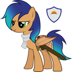 Size: 2892x2915 | Tagged: safe, artist:duskthebatpack, oc, oc only, oc:midnight sky, bat pony, pony, bat wings, clothes, female, folded wings, high res, mare, scarf, simple background, smiling, solo, standing, sword, transparent background, vector, weapon