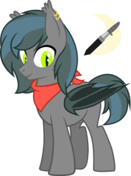 Size: 2213x2974 | Tagged: safe, artist:duskthebatpack, oc, oc only, oc:notde, pony, bat wings, clothes, ear fluff, ear piercing, earring, folded wings, freckles, high res, jewelry, male, piercing, scarf, simple background, slit pupils, smiling, solo, stallion, standing, transparent background, vector