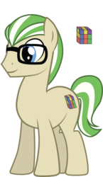Size: 1718x2972 | Tagged: safe, artist:duskthebatpack, oc, oc only, oc:enigma, earth pony, pony, glasses, male, rubik's cube, simple background, smiling, solo, stallion, standing, transparent background, vector