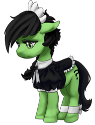 Size: 742x969 | Tagged: safe, artist:lockhe4rt, oc, oc only, oc:filly anon, pony, bottomless, braid, braided ponytail, clothes, ear fluff, female, filly, floppy ears, maid, partial nudity, saddle, simple background, smiling, solo, tack, white background