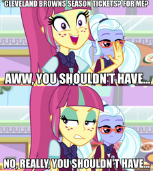 Size: 688x768 | Tagged: safe, edit, edited screencap, screencap, sour sweet, sugarcoat, equestria girls, equestria girls specials, g4, my little pony equestria girls: dance magic, american football, bipolar, bowtie, cleveland browns, clothes, crystal prep academy uniform, crystal prep shadowbolts, freckles, image macro, meme, nfl, no really you shouldn't have, pigtails, ponytail, school uniform, twintails, two-face sour sweet, you shouldn't have