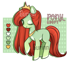 Size: 900x790 | Tagged: safe, artist:gurinn, oc, oc only, earth pony, pony, adoptable, advertisement, auction, crown, digital art, female, jewelry, mare, obtrusive watermark, one eye closed, raised hoof, regalia, smiling, solo, watermark, wink