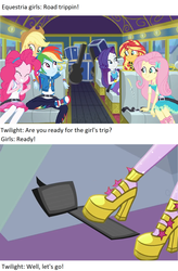 Size: 1280x1949 | Tagged: safe, edit, edited screencap, screencap, applejack, fluttershy, pinkie pie, rainbow dash, rarity, sci-twi, sunset shimmer, twilight sparkle, dance magic, equestria girls, equestria girls series, g4, road trippin, clothes, converse, driving, geode of fauna, geode of shielding, geode of sugar bombs, geode of super speed, high heels, humane five, humane seven, humane six, legs, magical geodes, pedal, pictures of legs, shoes, tour bus