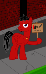 Size: 800x1280 | Tagged: safe, artist:reddcoal, oc, oc only, oc:redd coal, pony, annoyed, base used, city, joke, red and black oc, sign, solo
