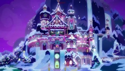 Size: 1920x1080 | Tagged: safe, screencap, g4, the hearth's warming club, discovery family, discovery family logo, logo, night, no pony, school of friendship, snow