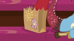 Size: 1920x1080 | Tagged: safe, screencap, discord, fluttershy, a matter of principals, g4, bag, discovery family logo, drawing, female, lunchbag, paper bag, shipping fuel, solo