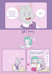 Size: 720x1018 | Tagged: safe, artist:delacroixsasha, oc, oc:dr. wolf, oc:mintheart, wolf, anthro, chocolate, comic, computer, food, laptop computer, male, scared, surprised, surprised face