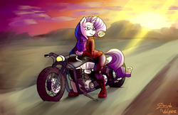 Size: 1700x1100 | Tagged: safe, artist:darkvulpes, rarity, anthro, g4, biker, bobber, clothes, cloud, female, jacket, latex, leaning forward, looking back, motorcycle, smiling, solo, sunset