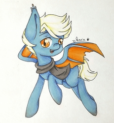 Size: 2431x2635 | Tagged: safe, artist:zikosia, oc, oc only, bat pony, pony, bat pony oc, bat wings, clothes, cold, cute, flying, high res, male, orange eyes, scarf, solo, traditional art, wings